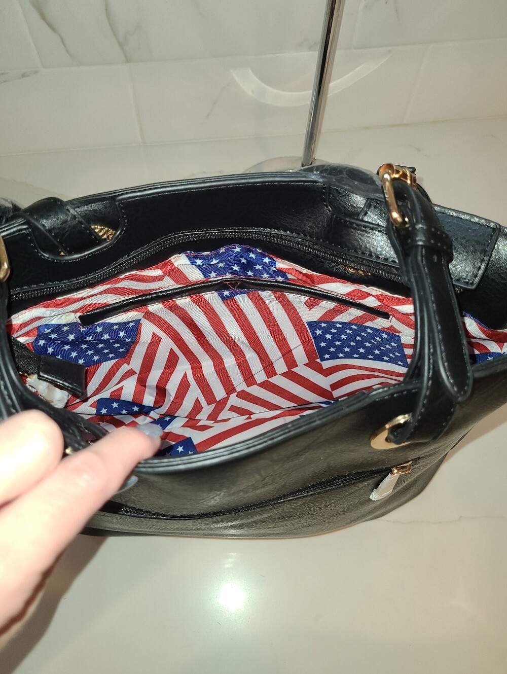 American Flag Tote Bag with Gold Charm - Black / Red / Cream - Picture 9 of 10